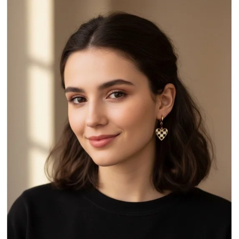 Addison and Olivia Checkered Heart Drop Earrings, Gold Tone